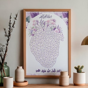 May include: A framed wall art print featuring a stylised human heart outline divided into segments, each containing Arabic text. The heart is surrounded by purple and white floral illustrations, with Arabic calligraphy at the top and bottom.