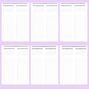 May include: Six white paper calendar pages with gray text and a lined section for notes. Each page displays a month's calendar at the top and a lined section below. The text "Futuro Log 2024" is at the top of each page.