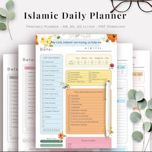 May include: An Islamic Daily Planner printable PDF with sections for self-care habits, prayer tracking, daily remembrance, and meal planning. The page features floral accents, a butterfly illustration, and the text My Lord, indeed I am trying, so help me.