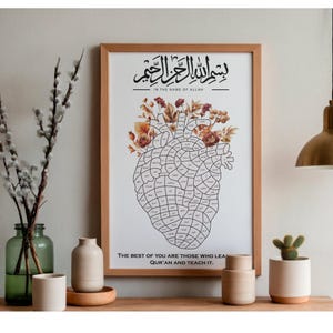 Puede incluir: Un cuadro enmarcado con caligrafía árabe en la parte superior y un diagrama en forma de corazón lleno de texto. El corazón está adornado con elementos florales. El texto "IN THE NAME OF ALLAH" está debajo. El texto inferior dice "THE BEST OF YOU ARE THOSE WHO LEA QUR'AN AND TEACH IT."