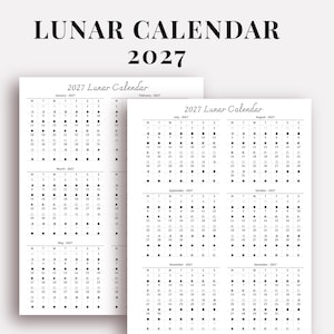 Op de afbeelding: Een maankalender voor 2027 gedrukt op wit papier, met zwarte tekst en maandoverzichten in rastervorm. De kalender toont de numerieke data naast kleine cirkelvormige iconen die de maanfasen gedurende het jaar weergeven.