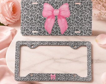 Pink Bow License Plate and Frame Set, Coquette Car Decor, Girly Elephant Print Auto Tag, Cute Feminine Car Accessory Gift