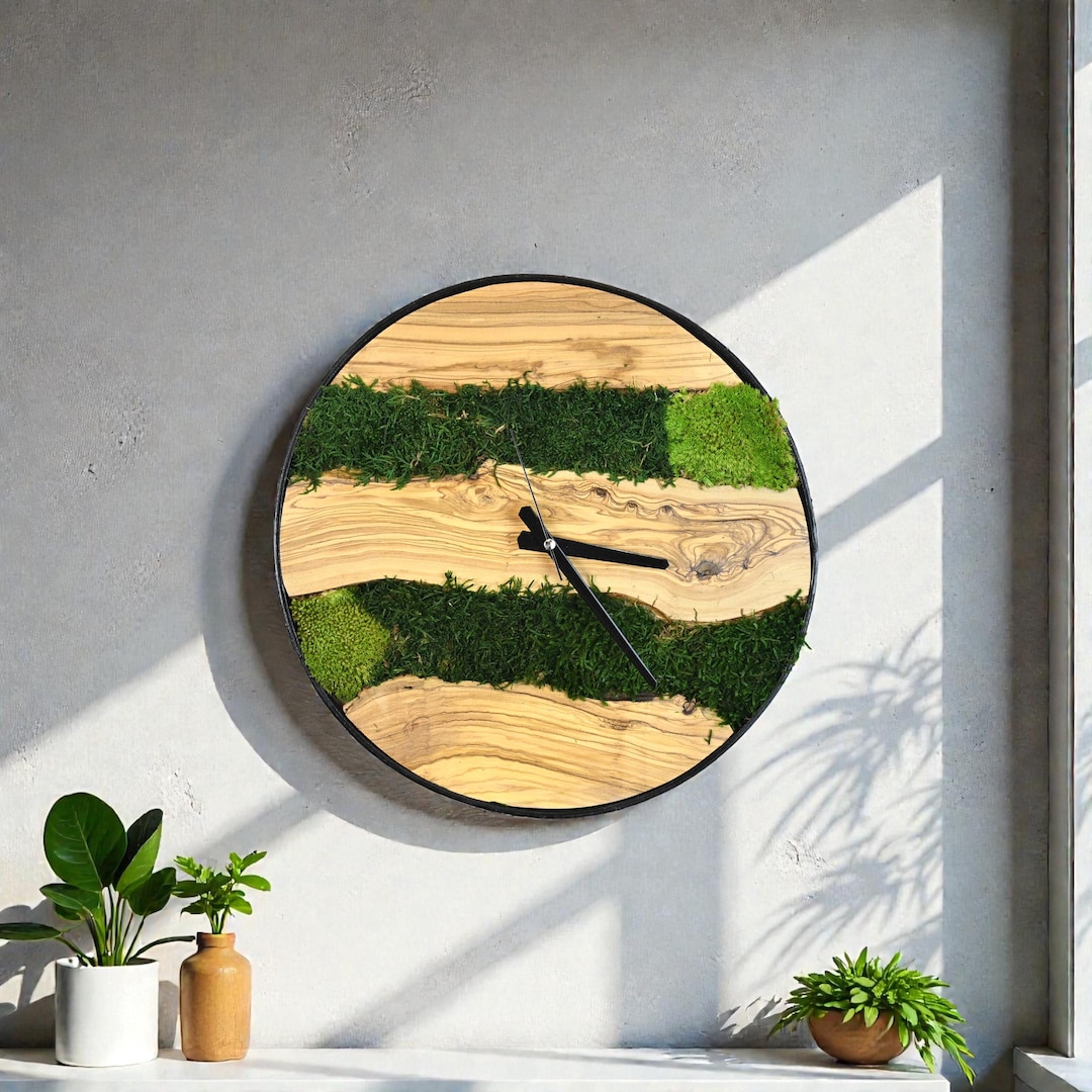Handmade Preserved Moss and Olive Wood Wall Clock, Round Botanical Wall ...