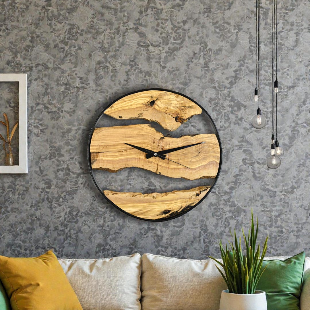 Olive Wood Wall Clock, Handcrafted Live Edge Design With Metal Frame ...