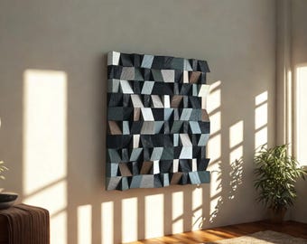3D Wood Mosaic Wall Art, Geometric Square Panel, Handmade Wooden ...
