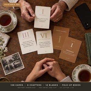 May include: A set of printable conversation prompt cards featuring numbered chapters and questions about life stories. The cards are cream and brown with black text, including titles like Beginnings, Love & Family, and Tell Me Your Story.
