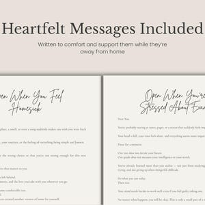 May include: Two white cards with black text featuring heartfelt messages. The left card is titled Open When You Feel Homesick, and the right card is titled Open When You're Stressed About Exams. Both cards include supportive paragraphs.