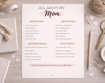 All About Mom Questionnaire, Mother's Day Kids Activity (Instant Download)