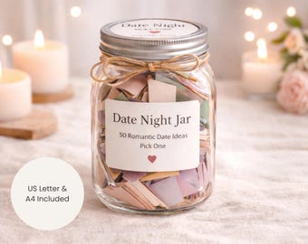 Date Night Cards Printable, 50 Romantic Date Ideas Jar, Couples Gift for Him & Her, Anniversary Valentines Day Gift