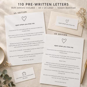 May include: A collection of 110 pre-written letters including US and UK editions in A4 and US Letter sizes. The white paper sheets feature black text with the heading open when you miss me and a heart icon, accompanied by a matching envelope and label.