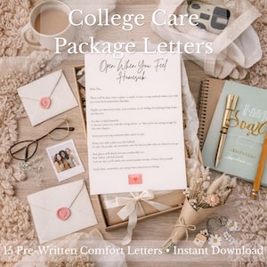 May include: A collection of college care package items, including letters, a journal, pens, and a small bouquet of dried flowers. The letters are in a box with a ribbon, and there are also envelopes with pink wax seals. The text on the image reads "College Care Package Letters".