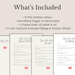 May include: A set of 15 pre-written letters with extra blank pages in beige and white. The text includes What's Included, 15 Pre-Written Letters, Extra Blank Pages To Personalize, 2 Paper Sizes: US Letter & A4, 2 Color Versions Included (Beige & Classic White).