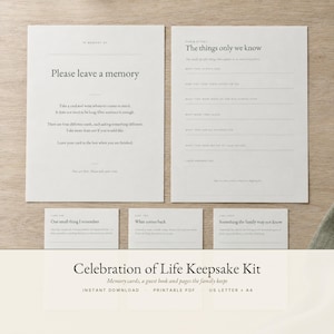 Può includere: Un set di cancelleria commemorativa bianca con due grandi fogli di istruzioni e domande insieme a tre cartoline più piccole. Il testo include Please leave a memory, The things only we know, One small thing I remember, What comes back e Something the family may not know.