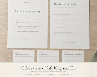 Celebration of Life Keepsake Kit, Printable Share a Memory Cards, Memorial Guest Book, Memory Table, Order of Service, Instant Download