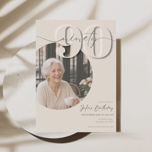 Op de afbeelding: Een beige verjaardagsuitnodiging met een groot reliëfcijfer 90, het woord ninety in cursief schrift en een ronde foto van een glimlachend persoon met een kopje. De tekst bevat You're invited to Julie's Birthday, September 16th at 8:00 PM, 42 Market Lane, Brooklyn, NY 11201 en RSVP to Olivia (555) 123-4567.
