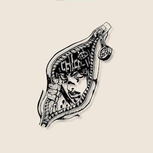 May include: Black and white illustration of a character's face emerging from a zippered pod. The artwork has a manga or anime style, with detailed linework and shading. A circular charm hangs from the zipper.