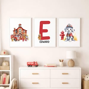 Láminas personalizadas con nombre e inicial de bombero para guardería, arte mural de animales, osito de peluche y perro, regalo personalizado, láminas para niño, descarga digital
