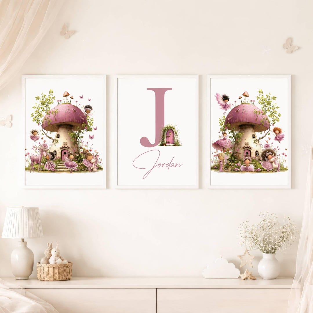 Pink Fairy Wall Art Set of 3, Custom Name and Initial Prints ...