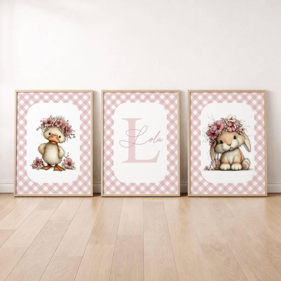 Floral Animal Nursery Wall Art Set, Pink Gingham Custom Name Prints ...