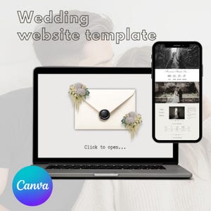 May include: A laptop and smartphone displaying a wedding website template. The laptop screen shows an envelope design with floral accents and the text "Click to open...". The smartphone displays a wedding website with photos and text.