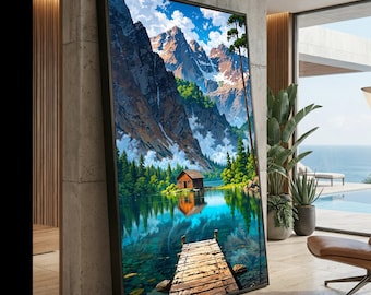 Mountain Lake Cabin Canvas, Tranquil Nature Wall Art