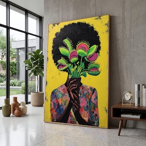 Vibrant Venus Flytrap Bouquet Canvas Art, Afrocentric Portrait Painting, Kerry James Marshall Style