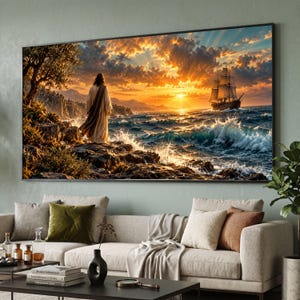 Sunset Ocean View Canvas, Sailing Ship at Sea, Dramatic Sky Wall Art, Seashore Landscape Canvas, Coastal Nature Decor, Ready to Hang Artwork