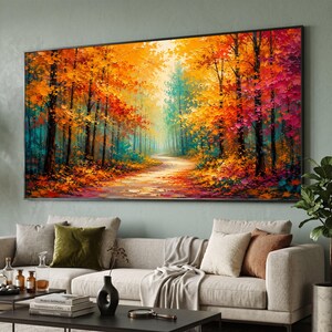Leinwandbild „Herbstlicher Waldweg“, farbenfrohes Wandbild mit Herbstbäumen, lebendiges Landschaftsbild für die Jahreszeit, Dekoration für Naturwege, fertig zum Aufhängen