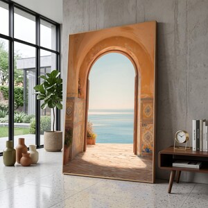 Lienzo con vista a un arco mediterráneo, arte mural del horizonte marino, decoración costera, lienzo con diseño floral de cerámica, escena de océano azul soleado, decoración de pared para el hogar.
