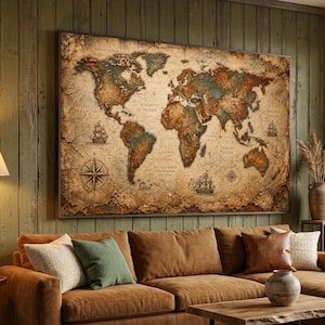Peut inclure: Une grande décoration murale rectangulaire représentant une carte du monde de style ancien avec une texture de papier vieilli dans des tons marron, beige et bleu sourd. La carte inclut des illustrations de voiliers, une rose des vents et le texte "Not all those who wander are lost."