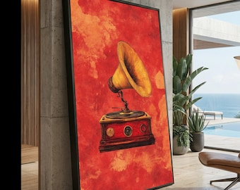 Impresión artística en lienzo de gramófono vintage, decoración musical retro roja