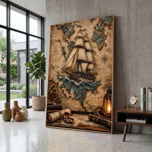 Op de afbeelding: Een verticale wandkunstprint met een wereldkaart in vintage-stijl en een groot zeilschip in het midden. Het kunstwerk bevat een kompasroos, een brandende lantaarn, een opgerolde perkamentrol, een telescoop en de tekst Sail More Explore Further.