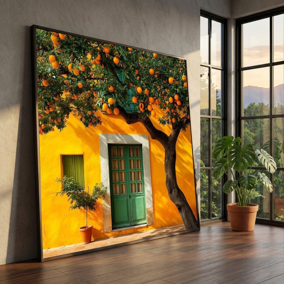 Vibrant Orange Tree Mediterranean Wall Art Canvas, Rustic Yellow Home ...