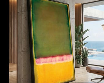 May include: A large rectangular abstract painting in a black frame, featuring a dominant olive green upper section, a thin horizontal band of soft pink in the middle, and a vibrant yellow lower section, displayed vertically against a concrete pillar.