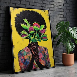 Vibrant Venus Flytrap Bouquet Canvas Art, Afrocentric Portrait Painting, Kerry James Marshall Style