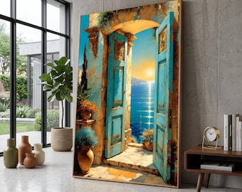 Mediterranean Sea View Canvas Print, Rustic Blue Doors, Coastal Wall Art