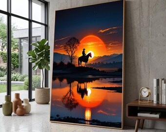 Cowboy Sunset Leinwand Kunst, Western Landschaft Reflection Decor