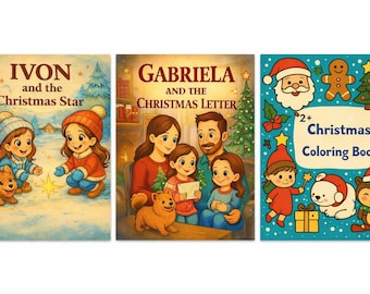 May include: Three Christmas-themed books. The first book cover features two children and a dog in a snowy scene with the title "IVON and the Christmas Star." The second book cover shows a family with the title "GABRIELA and the Christmas Letter." The third book is a "2+ Christmas Coloring Book."