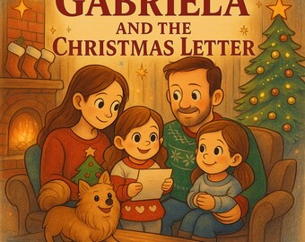 Op de afbeelding: Illustratie van een gezin dat een brief leest, met de titel "Gabriela en de Kerstbrief". De afbeelding toont een kerstboom, een open haard en een hond. De sfeer is warm en feestelijk.