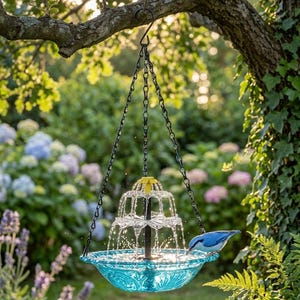 Può includere: Una fontana per uccelli sospesa con una ciotola di vetro blu e una fontana a più livelli. La fontana è sospesa a un ramo d'albero tramite una catena nera. Un piccolo uccello blu è appollaiato sul bordo della ciotola, bevendo acqua. Lo sfondo è un giardino lussureggiante.
