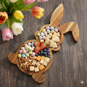 Puede incluir: Una bandeja de madera con forma de conejo llena de caramelos de colores, galletas, nueces, cubos de queso, fresas y arándanos. La bandeja está sobre una superficie de madera, con un jarrón de tulipanes en el fondo.