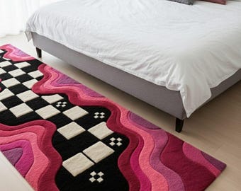 Alfombra de cocina con diseño retro de cuadros, ondulada, rosa y morada