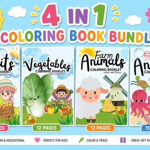 May include: A 4-in-1 colouring book bundle with 49 pages. The covers feature illustrations of fruits, vegetables, farm animals, and sea animals. Each book is labelled with the number of pages and the words "Color and Trace".