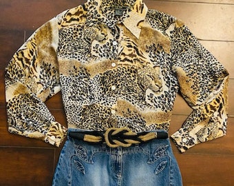 1980s 1990s GIANNI Made in USA Leopard Print Leopard Head Jungle Print Big Cat Vintage Size 12 Rayon Blouse Shirt