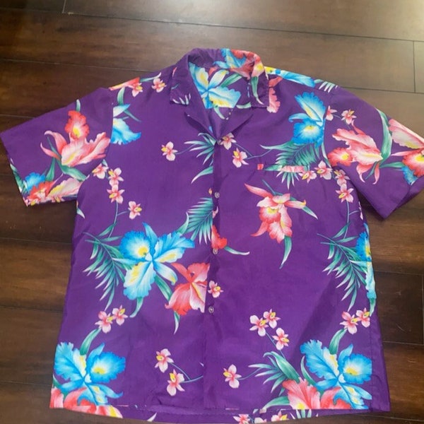 Vintage 1980's Men's Purple Hawaiian Tropical Short Sleeve Button Down Shirt Sz XL