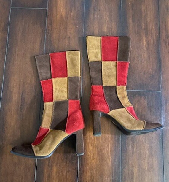 Vintage 1990’s  Boho Brown Tan and Red Patchwork … - image 1