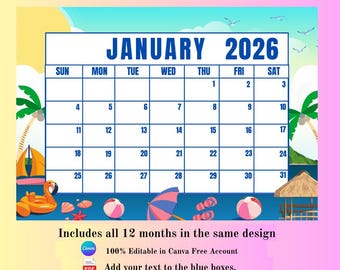2026 Summer Theme Calendar I Printable August 2026 Calendar I Editable Calendar I Summer Calendar at the Beach I Monthly Calendar IPalm Tree