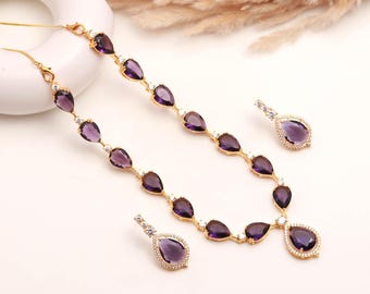22K Gold Plated Brass African Amethyst & CZ  Teardrop Bridal Necklace Set | Purple Wedding Jewelry | Gift For Her | Traditional Jewelry