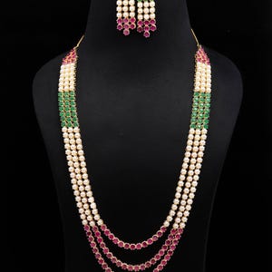 Premium Ruby Emerald Pearl Necklace | Triple Layer Bridal Jewelry | 22K Gold Plated Multi Strand Necklace | Bollywood Jewelry | Gift for Her