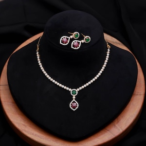 Emerald & Ruby Necklace Set Round Red Green | Mixed Stone Wedding Jewelry | Ethnic Multi Gem Necklace | Engagement Necklace | Gift For Women